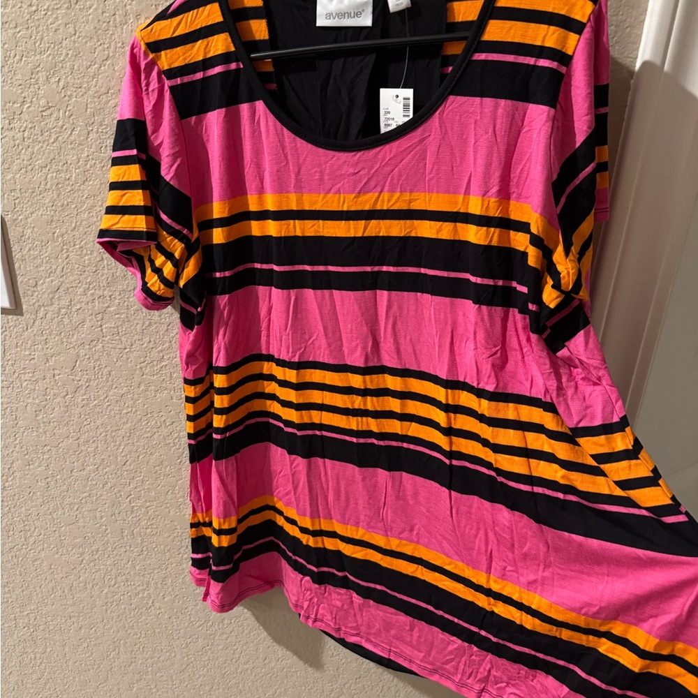 Avenue Pink and Orange Striped Short Sleeve Top